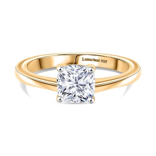 Image of TJC LUXURIANT 1 Ct Lab Grown Diamond Solitaire Ring SI GH in Sterling Silver with 18K Vermeil Yellow Gold Plating Cushion Cut Diamond Classic Engagement Ring for Women Size P