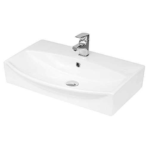 Image of Hudson Reed NBV165 Chancery 500mm Basin & Pedestal (2 Tap Hole) Modern Rectangular Bathroom Counter Top Basin Sink, White, 600mm