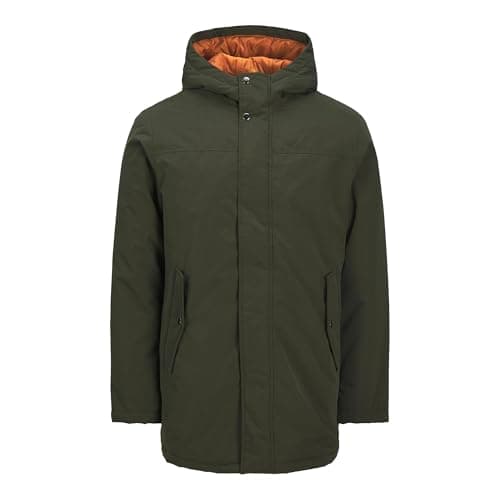 Image of JACK & JONES Mens Parka Coat with Hood Windproof Features, Front Pockets, Heavy Duty Long Jacket for Men, Rosin Colour, Size- S