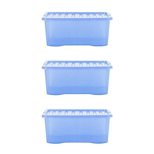 Image of Wham Crystal Sparkle 3x 45L Plastic Storage Boxes with Lids Tint Sparkle Blue. Medium Size, Strong (Pack of 3)