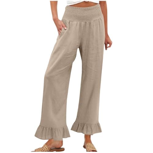 Image of Linen Trousers Womens Sale, Elasticated Waist Ruffle Hem Trousers Summer Trouser Wide Leg Palazzo Pants Lightweight with Pockets Solid Casual Loose Holiday Beach Pants Bottoms Plus Size Khaki