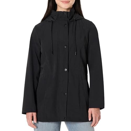 Image of Amazon Essentials Women's Relaxed-Fit Lightweight Waterproof Long Hooded Rain Jacket, Black, M