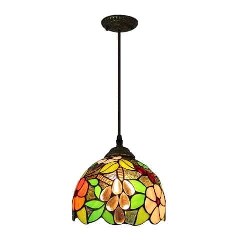 Image of Style Pendant Light, Stained Glass Dome Lampshade, Easy Fit Ceiling Fixture E27 Retro Flower Hanging Lamp Chandelier for Bar Dining Room Bedroom Ceiling Light Restaurant Kitchen Island (A)