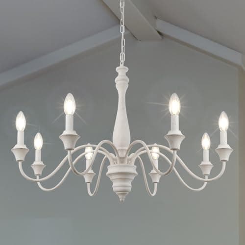 Image of LynPon 8 Lights Distressed White Chandelier French Wood Retro Chandeliers Ceiling Light Rustic Farmhouse Pendant Light, Vintage Light Fixture Living Room Dining Room Bedroom Kitchen Hallway