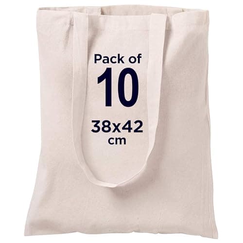 Image of CENTRIX Natural Cotton 10 pack 15 X 16 inch reusable grocery bags, 5.5 oz cotton canvas tote, eco friendly super strong washable great choice for promotion branding and gift