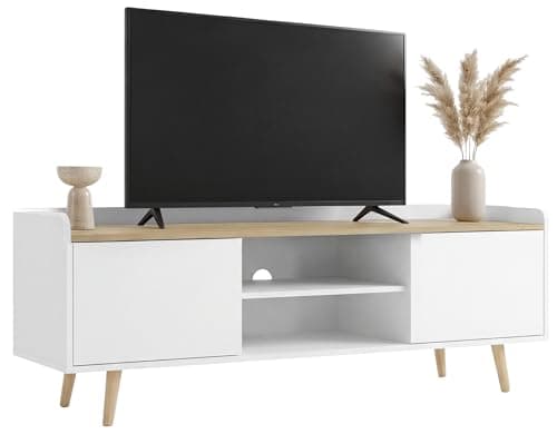 Image of Blisswood TV Unit, 140cm TV Stand Cabinet for up to 43–65 Inch TVs, Modern TV Cabinet with Storage & Open Shelf, Wooden Legs Entertainment Console Table for Living Room & Bedroom (White & Oak)