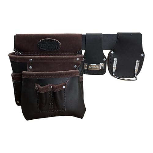 Image of Rolson 68865 Single Leather Top Grain Tool Pouch With Belt, Tape and Hammer Holder,Brown