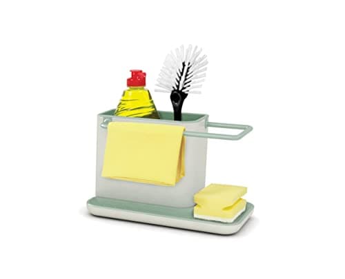 Image of Joseph Joseph Caddy Kitchen Sink Area Organiser with Sponge Holder and Cloth Hanger - Stone/Sage