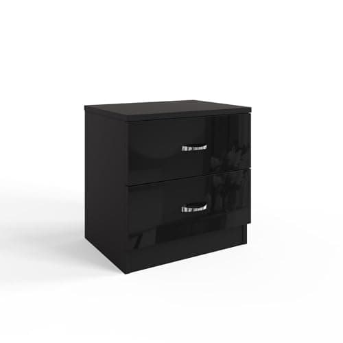 Image of FWStyle Black Bedside Cabinet with Black Gloss Drawer Fronts, 2 Drawer Nightstand with Metal Handles and Runners, Modern Bedroom Furniture Table W45 x H46 x D40cm