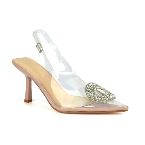 Image of Women's Clear Perspex Slingback Jewel Heels Ladies Nude Pointed Toe Court Shoes Size 8