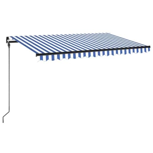 Image of vidaXL Manual Retractable Awning (450x300 cm) in Blue and White, UV/Water-Resistant Polyester Fabric, with LED Lights and Adjustable Angles/Height