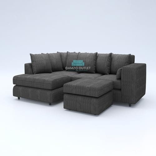 Image of Gamzo Outlet Sofa Corner Sofa L Shape Jumbo Cord Fabric Square Settee Seater Suite Footstool (Left Hand Facing, Grey)