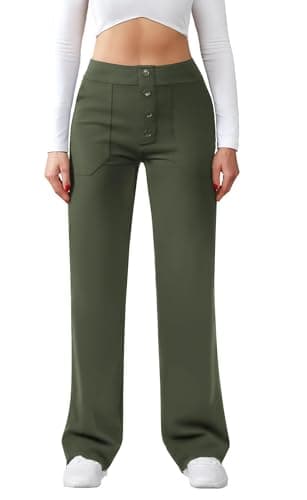 Image of Friptspyg Women's High Waist Wide Leg Trousers Button Straight Leg Trousers Casual Work Trousers Stretch Yoga Trousers with Pockets, Army Green L