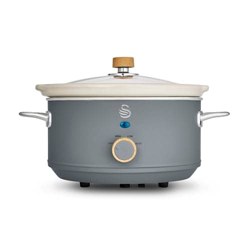 Image of Swan Nordic Manual Slow Cooker, 3 Settings, Removable Dishwasher Safe Ceramic Pot and Glass Lid, Recipe Book Included, 3.5L (3-4 Servings), 200W, Grey, SF17021GRYN