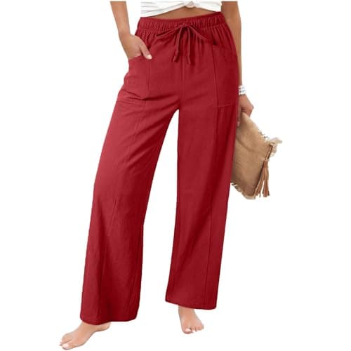 Image of HOT1950s Red Womens Linen Trousers Solid Color Elastic Waist Drawstring Long Pants with Pockets Summer Thin Wide Leg Plus Size Trousers High Waisted Breathable Casual Full Length Pants Size XL