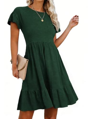 Image of LEEDYA Women's Casual Short Sleeve Midi Dress Crewneck A Line Tiered Flowy Loose Travel Long Summer Dresses with Pockets Green L
