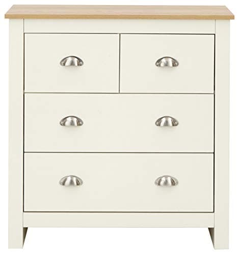 Image of GFW Lancaster Wooden 4 Drawer Chest With Steel Cup Handle & 37.7 Litre Drawers, Modern Bedroom Furniture Chest Of Drawers Storage Unit, Contrast Oak Top, Cream D-35 x W-79 x H-81cm