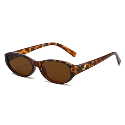 Image of LJCZKA Retro Oval Sunglasses for Women Men Trendy Small Oval Sunglasses Vintage 90s Narrow Cat Eye Frame Shades UV400 Protection (Leopard Brown)