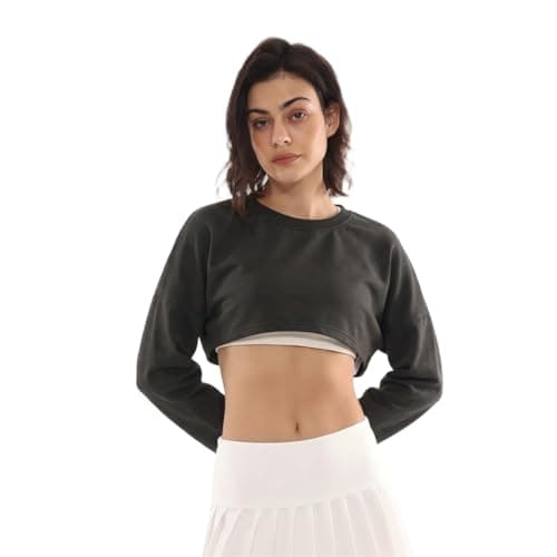 Image of Amazhiyu Womens Cropped Sweatshirt, Solid Long Sleeve Pullover Cropped Short Top Crewneck Oversize Hoodie Casual Grey M