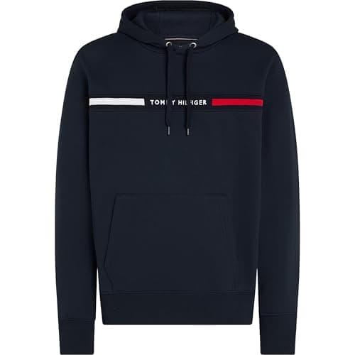 Image of Tommy Hilfiger Men's Medium Weight Fleece Hoodie Sweatshirt with Signature Stripe Logo Hooded, Desert Sky, M