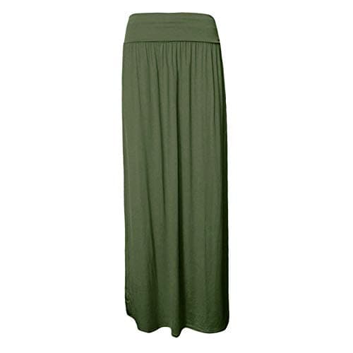 Image of Shop Nova® Women Ladies Pleated Fold Over Long Maxi High Waist Plain Gypsy Skirt Girls Summer Casual Party Wear Elasticated Stretchy Full Length Jersey UK Sizes 8-26 (Khaki, 14)
