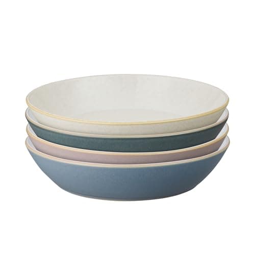 Image of Denby - Impression Mixed Color Pasta Bowls Set of 4-25.3oz Dishwasher Microwave Safe Crockery - Blue, Pink, Cream, Black Ceramic Stoneware Tableware