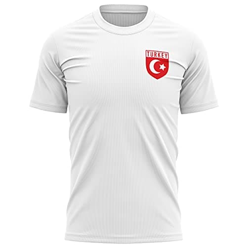 Image of Turkey Football Kit - Mens Turkey Flag Badge T Shirt - Football European Country 2021 2020 Supporters Red White 1923 Tee Him - Turkish Tournament Footy Soccer Top, L, White