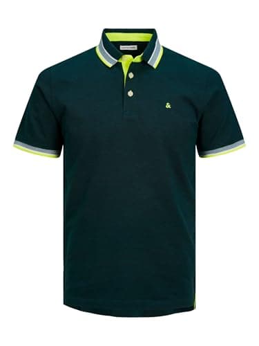 Image of JACK & JONES Mens Jjepaulos Noos Pls Polo Shirt, Dark Green - White - Lime Green, 3XL UK