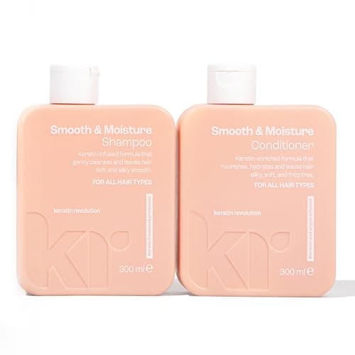Image of Keratin Revolution Smooth & Moisture Shampoo and Conditioner 300ml Duo - Sulfate Free Hydrating Hair Care Set with Keratin - Anti-Frizz, Strengthening & Shine Boost - for Dry, Damaged or Treated Hair