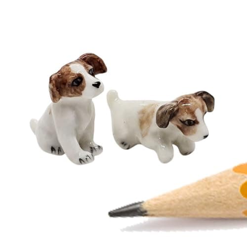 Image of WitnyStore ¾ Couple Sitting and Standing Jack Russell Terrier Ceramic Figurine - Tiny Miniature Dog Puppy Figurine Hand Made Painted Porcelain Clay Pottery Collectible Decor Gift