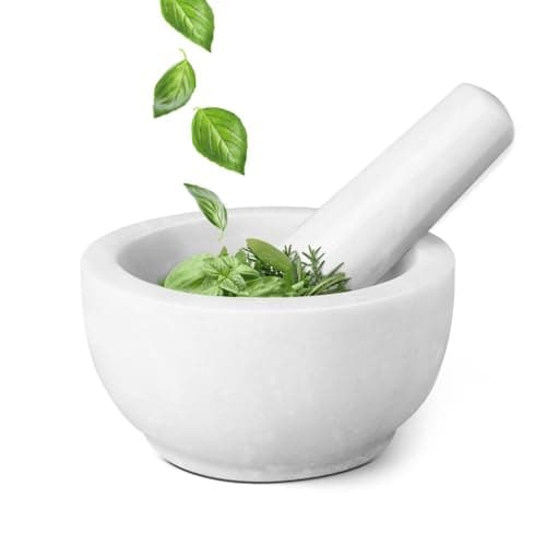 Image of Flexzion Marble Mortar and Pestle Set - Solid Granite Stone Grinder Bowl Holder 5.5 Inch for Guacamole, Herbs, Spices, Garlic, Kitchen, Cooking, Medicine (White)