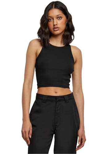 Image of Urban Classics Ladies Cropped Rib Top Ribbed Top for Women Short Cut Slim Fit Sizes XS-5XL, Black (Black 7), M