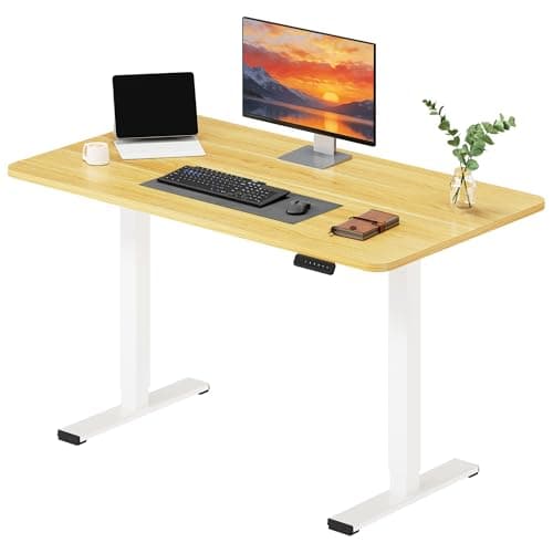 Image of SANODESK Electric Standing Desk ONE PIECE 120 * 60 Height Adjustable Desk With Memory Smart Panel Sit Stand Table With Hooks and Cupholder for Home Office (White Frame+Beige Desktop)