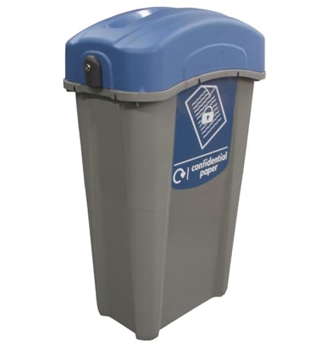 Image of Glasdon Eco Nexus 85 Lockable Confidential Paper Recycling Bin (Grey, Blue Sticker) – 85-Litre Secure Waste Bin for Confidential Documents with Keyed Lock – Small Footprint