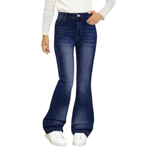 Image of Casual Slim Y2K Denim Pants Flared Jeans Girls Kids Distressed Wash Trousers Stretch Bootcut Bell Bottom Jeans with Pockets Teens Fashion Low Rise Streetwear Vintage Blue Denim Trousers