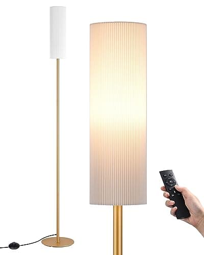 Image of EDISHINE Floor Lamp, Standing Lamp with Wrinkled Linen Lampshade, Floor Lamps for Living Room, Bedroom, 165cm, E27 Socket(9W LED Dimmable Bulb Included), Magnetic Remote Control, Gold