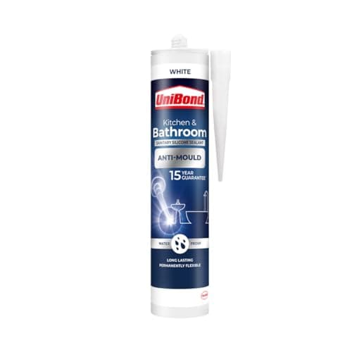 Image of UniBond Anti-Mould White, Waterproof Mould Protection, Long-lasting White Silicone Sealant for Kitchen & Bathroom, Powerful Bath Sealant, 1 x 274g Cartridge