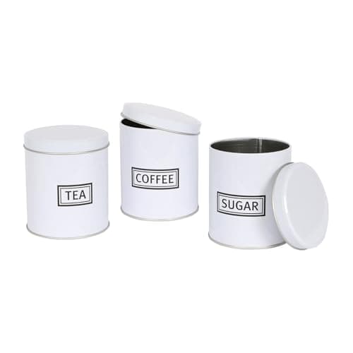 Image of Harbour Housewares 3pc Tea Coffee Sugar Canisters Set – White Round Metal Kitchen Storage Tins with Airtight Lids – Modern Industrial Food Caddy Containers for Countertop Organisation
