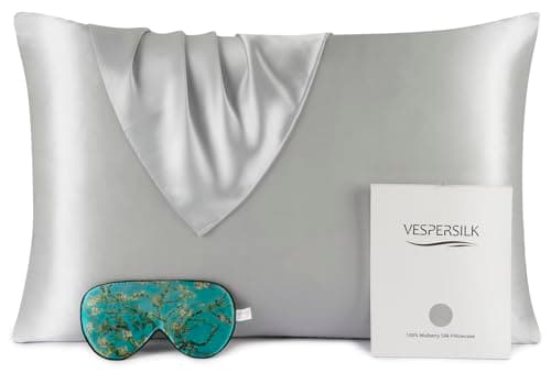 Image of Vespersilk 100% Mulberry Silk Pillowcase & Eye Mask Set for Hair and Skin Health, 19 Momme Grade 6A Organic Silk Both Sides, with Hidden Zipper (Standard 50x75cm, Silver Grey)