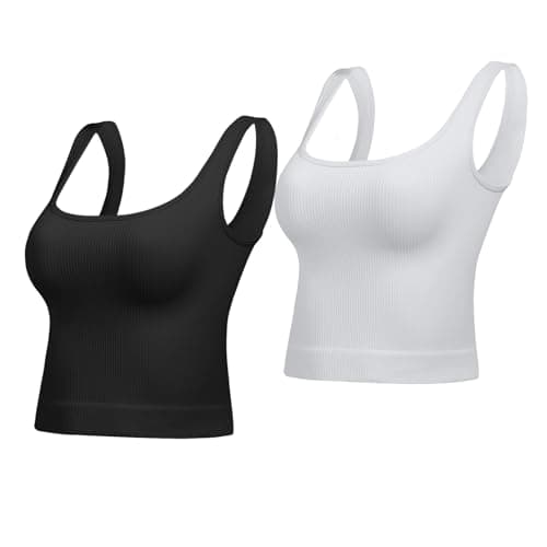 Image of Lemef Crop Tops for Women Basic Seamless Ribbed Tank Top Square Neck Summer Teens Top Cute Workout Top Black Grey S