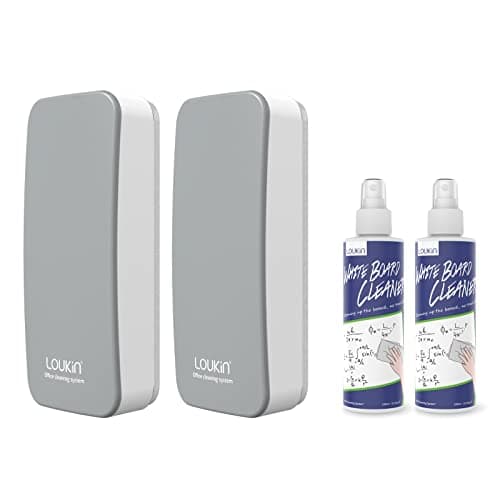 Image of loukin Magnetic Dry Erase Eraser, Whiteboard Erasers, Glass Board Erasers, 3.4 oz Whiteboard Cleaner Included, for Classroom, Home and Office Use (2 Pack Grey)