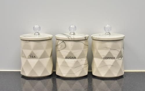 Image of DEENZ Set Of 3 Marble Design Coffee Tea Sugar Canisters Container Kitchen Jar Pots Crystal Best For Gift Home Decor (Cream)