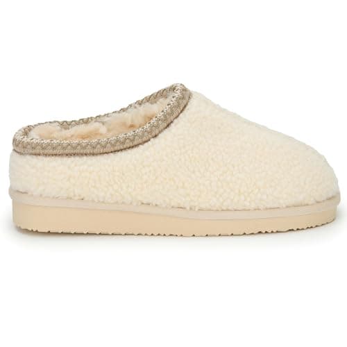 Image of Polar Women’s Faux Suede Shearling Lined Slippers - Warm Memory Foam Indoor Outdoor Slip-On House Shoes with Aztec Trim - Non-Slip Sole for Winter Cosy Comfort - Beige Sheepskin - UK 6