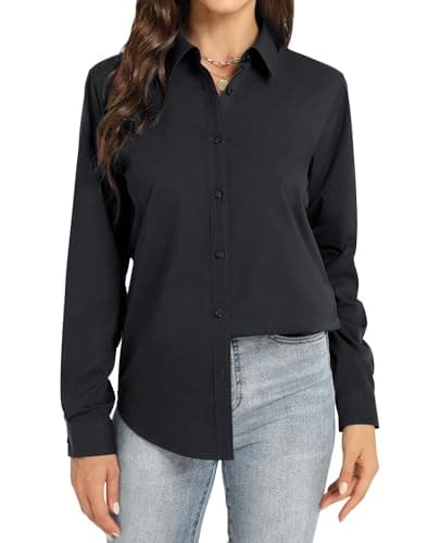 Image of J.VER Women's Blouses & Shirts Long Sleeve Button Down Shirt Regual Fit Formal Business Work Office Casual Wrinkle Free Ladies Tops Black XS