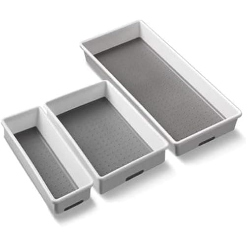 Image of Addis 506985 Premium Tidy Drawer Soft Base Storage Boxes, White Grey, Set of 3, 18 x 40 x 7.5 cm
