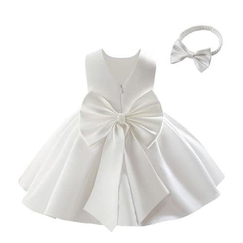 Image of Miipat Baby Girls Party Dress Satin Flower Girl Dress Wedding Bowknot V-Back Toddler Princess Birthday Christening Dresses Kids Pageant Formal Bridesmaid Gown(White 73 6-12 Months)