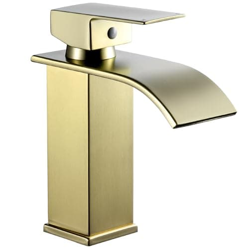 Image of Peppermint Basin Taps Mixers Waterfall Brushed Gold Bathroom Sink Mixer Tap Square Monobloc 1 Hole with G1/2'' Hoses Modern Cloakroom Taps Golden Mono Lead-Free Stainless Steel