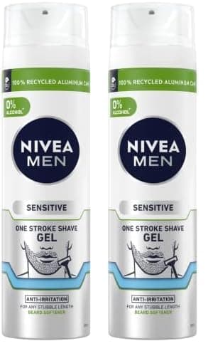 Image of NIVEA MEN Sensitive One Stroke Shaving Gel (200ml) With Chamomile Extract + Vitamin E, Beard Softener for Men, Pack of 2