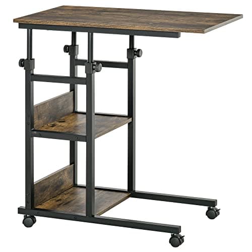 Image of HOMCOM C-Shaped Side Table Industrial Mobile Rolling End Desk with 3-Tier Storage Shelving, Adjustable Height, Wheels