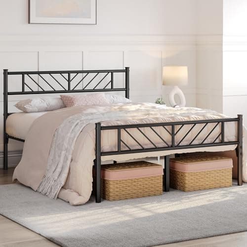 Image of Yaheetech 4ft6 Double Bed Frames Metal Slatted Bed Platform with Arrow Design Headboard, Under-bed Storage, No Box Spring Needed, Black